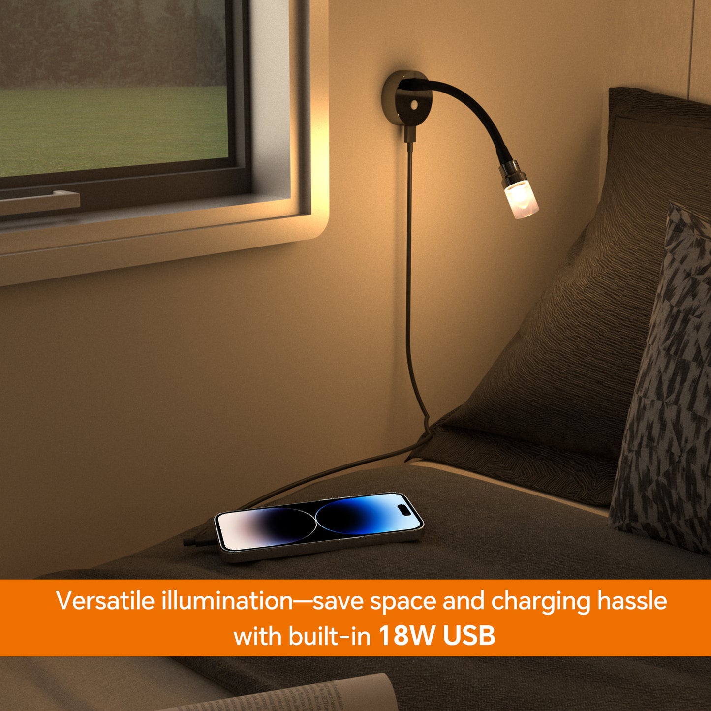 CamperXlite RV Flexible Reading Light, 12V Bedside Wall Lamp for Motorhome Camper Van Travel Trailer Truck Boat, Inbuilt USB Charger & Dimmable LED, DC12-24V Hard-wired,Glossy Black