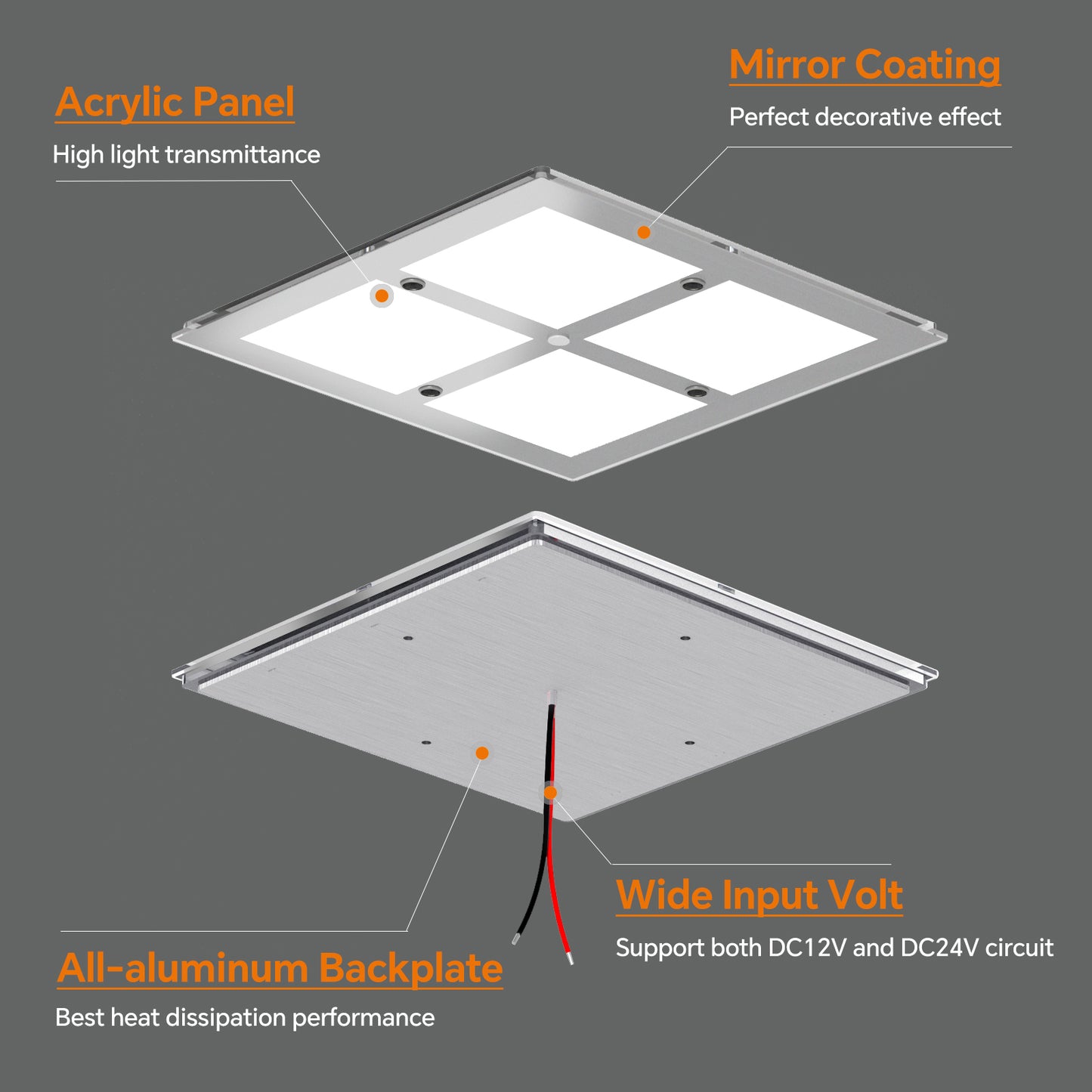 RV LED Ceiling Dome Light, 12V Acrylic Panel Light for Motorhome Boat Interior Lighting, Square 8-1/2" Luxury Mirror Finish, 12W 1100 Lumen, Inbuilt Dimmer Switch, CRI 90+