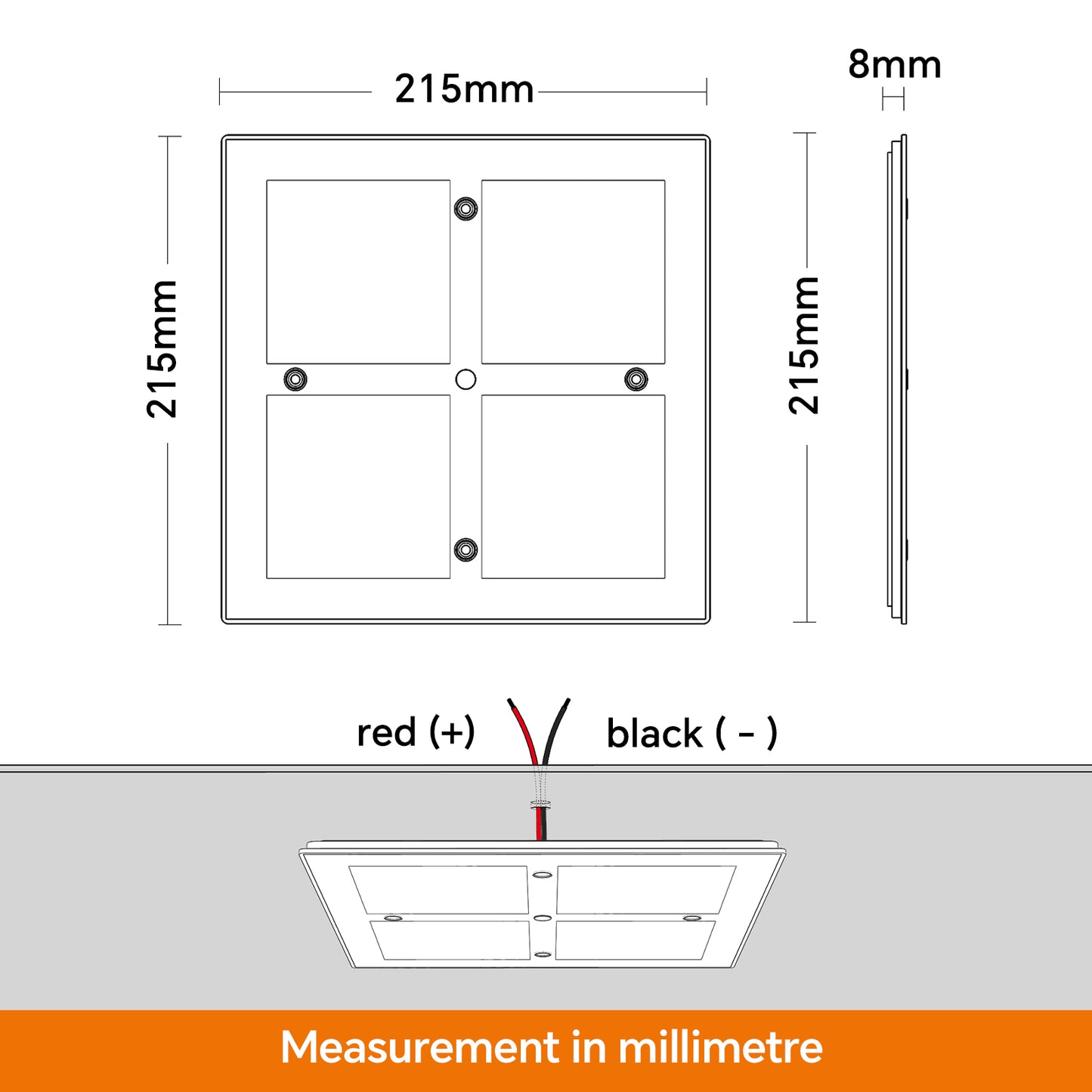 RV LED Ceiling Dome Light, 12V Acrylic Panel Light for Motorhome Boat Interior Lighting, Square 8-1/2" Luxury Mirror Finish, 12W 1100 Lumen, Inbuilt Dimmer Switch, CRI 90+