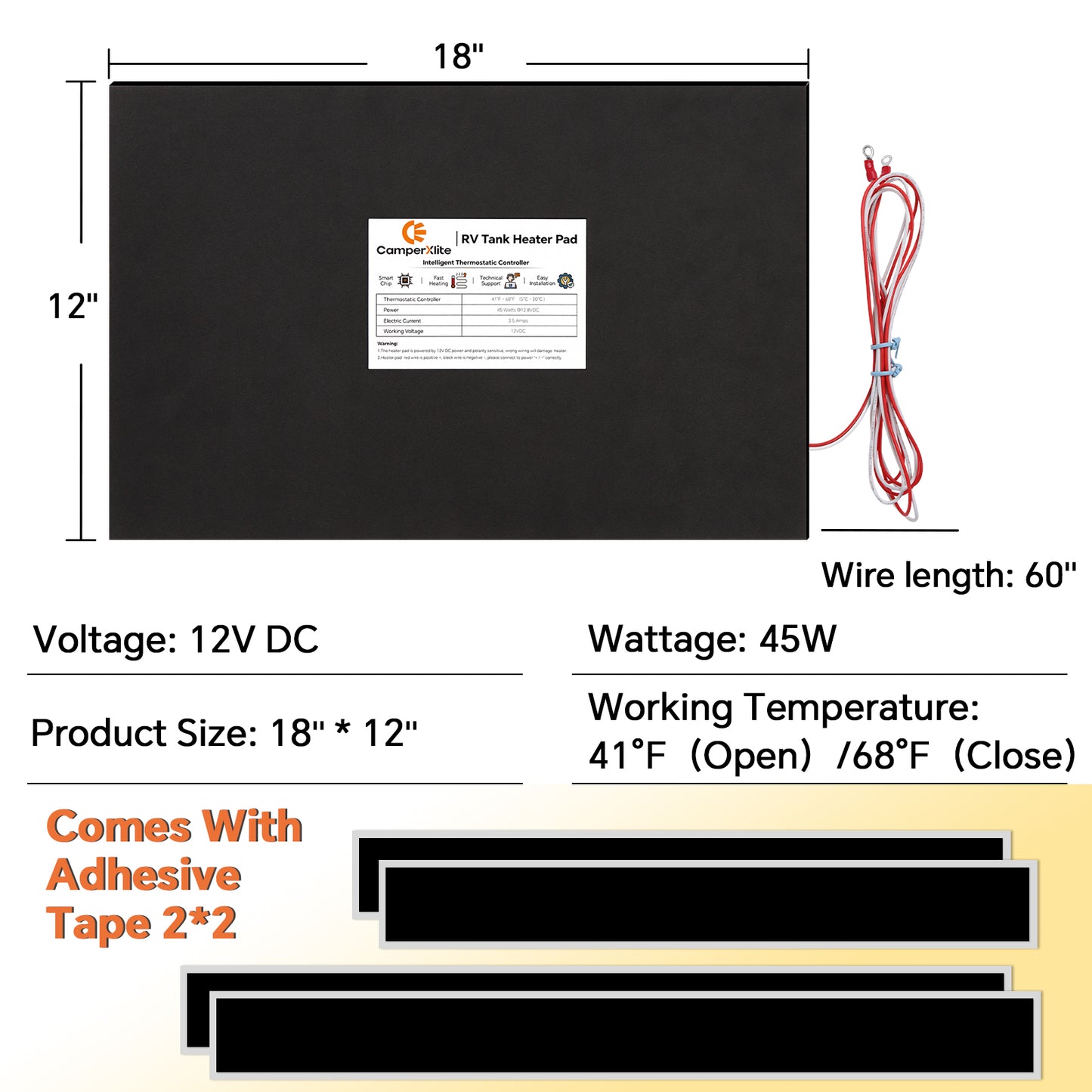 12" x 18" RV Tank Heater Pad with Automatic Thermostat, DC 12V Holding Tank Heater with Larger Heating Module Use with Up to 50 Gallons Fresh Water/Grey Water/Black Water Tank 2 Packs