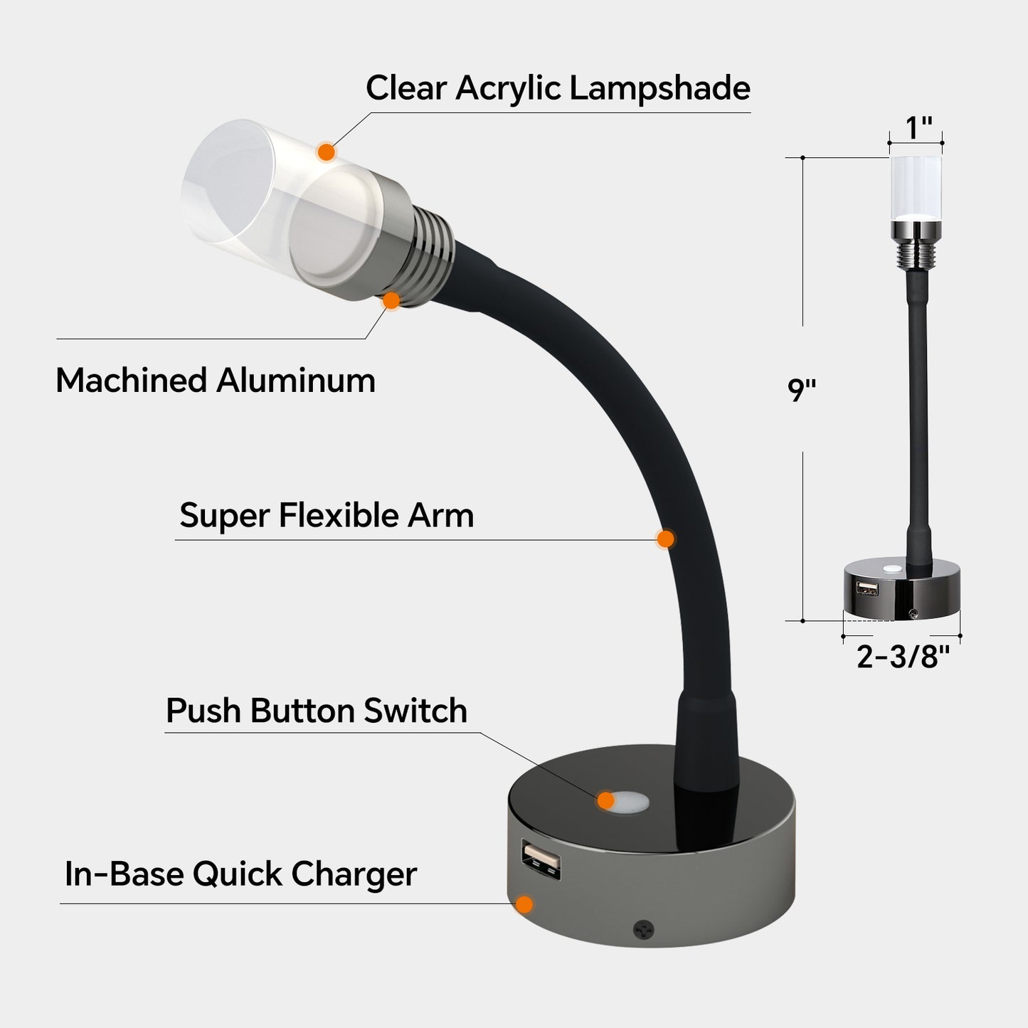 CamperXlite RV Flexible Reading Light, 12V Bedside Wall Lamp for Motorhome Camper Van Travel Trailer Truck Boat, Inbuilt USB Charger & Dimmable LED, DC12-24V Hard-wired,Glossy Black